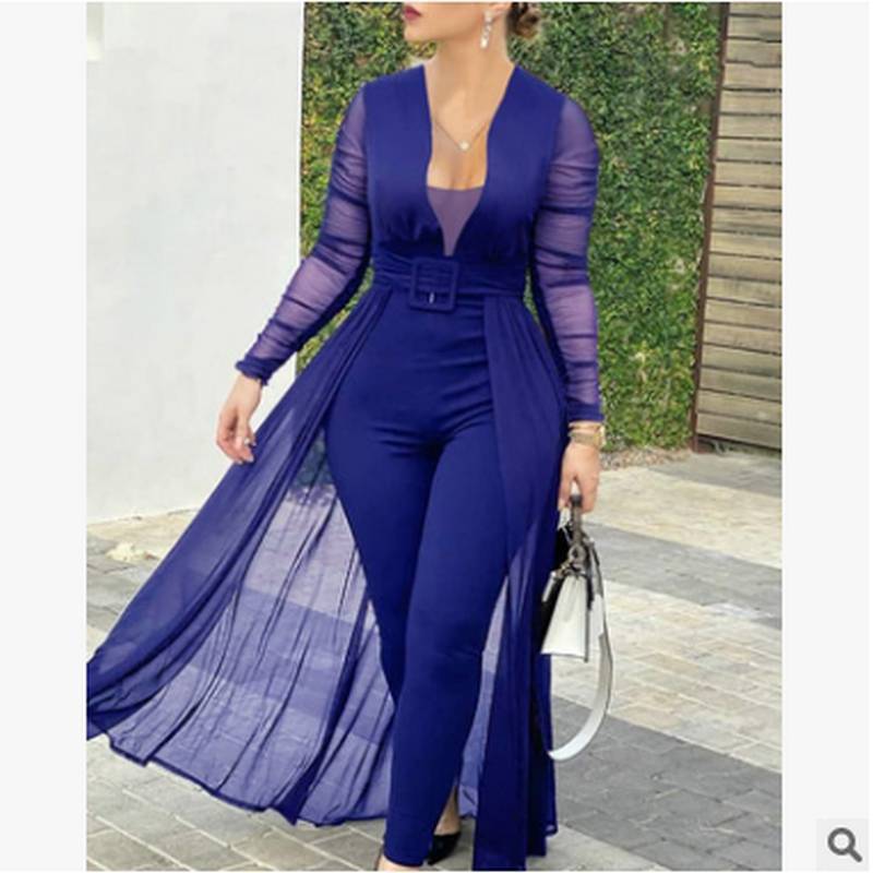 2023 new European and American women's culottes solid color deep V fashion lace stitching long-sleeved slim jumpsuit women's suit