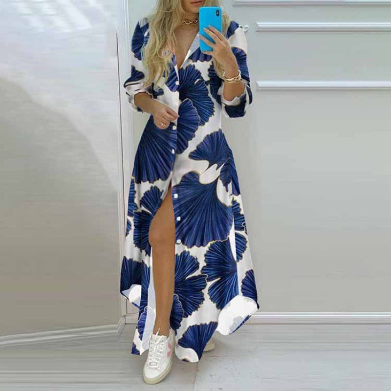 2022 spring Amazon foreign trade wish women's clothing temperament print single-breasted slit shirt dress long skirt