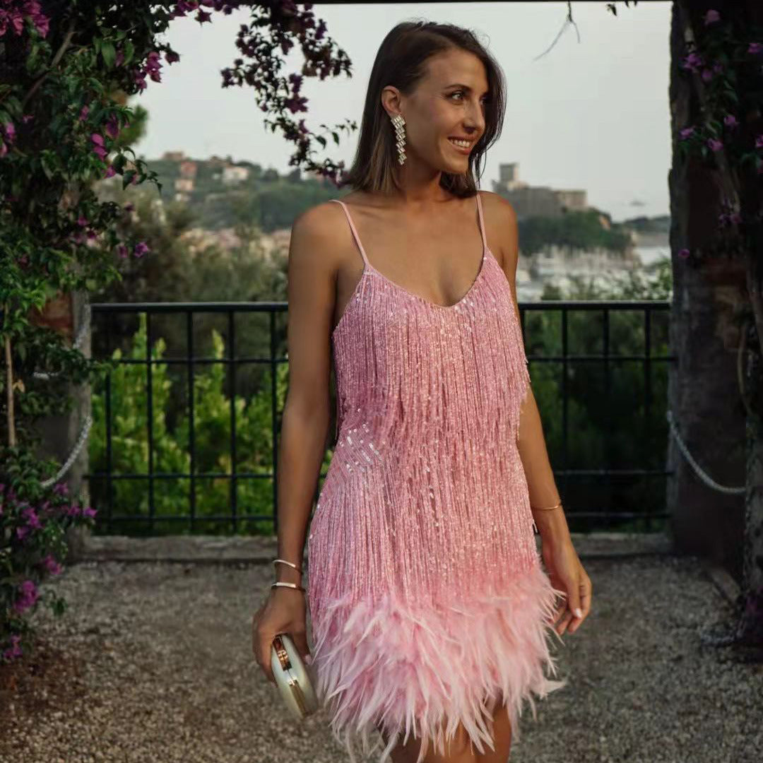 2023 Summer New Fashion Tassel Sequin Feather Stitching Dress Color Dress Amazon Explosive Spot Women