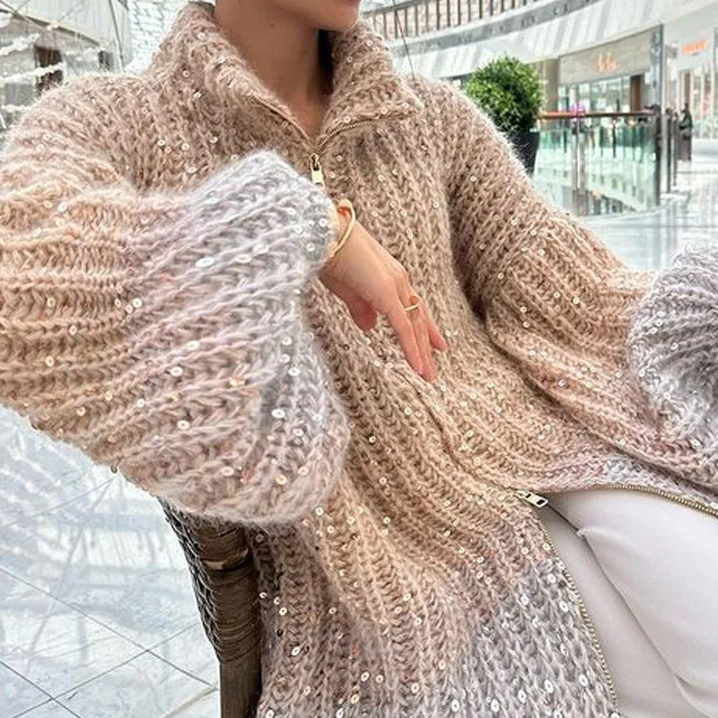 2023 autumn and winter European and American Amazon cross-border foreign trade new high-end temperament small fragrance comfortable sequined V-neck sweater