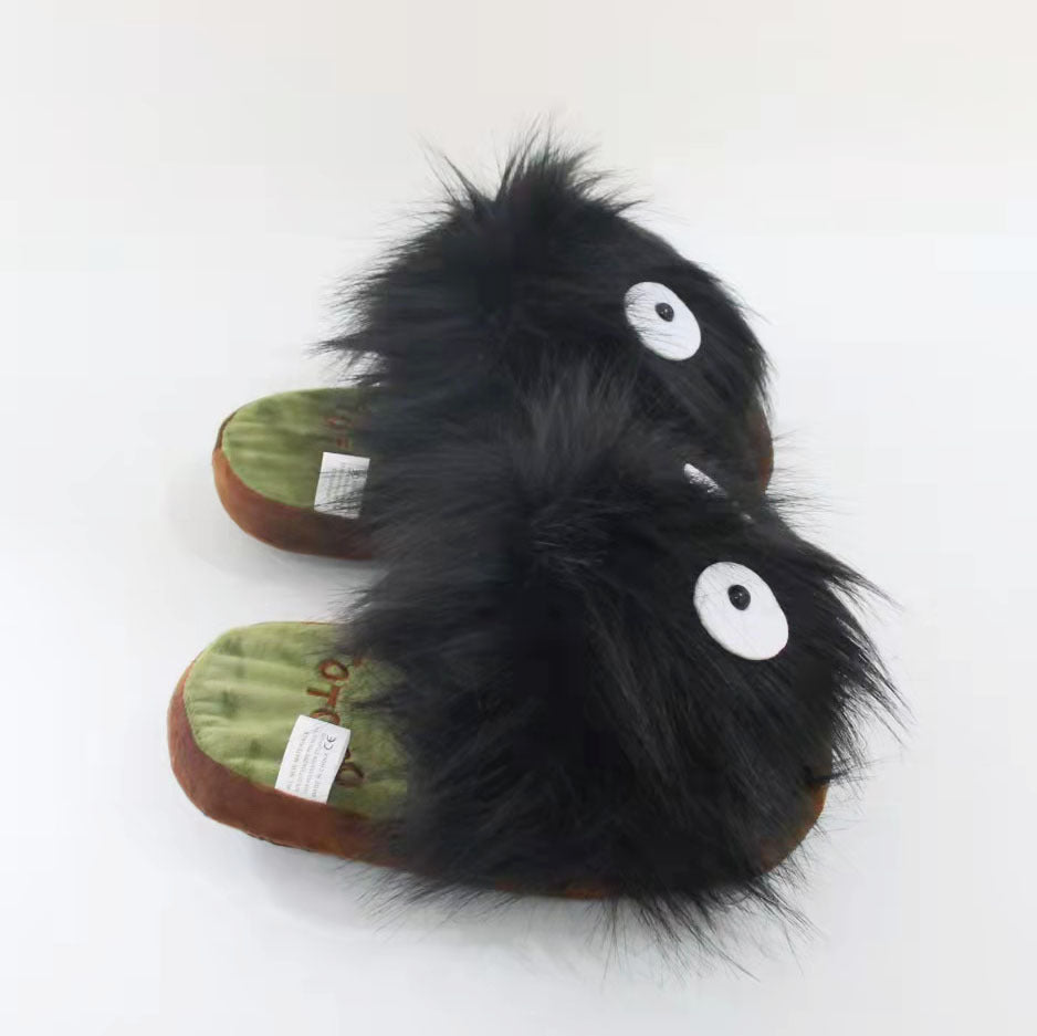 Winter cartoon coal briquettes plush slippers black charcoal long hair animation home boy personality floor cotton mop