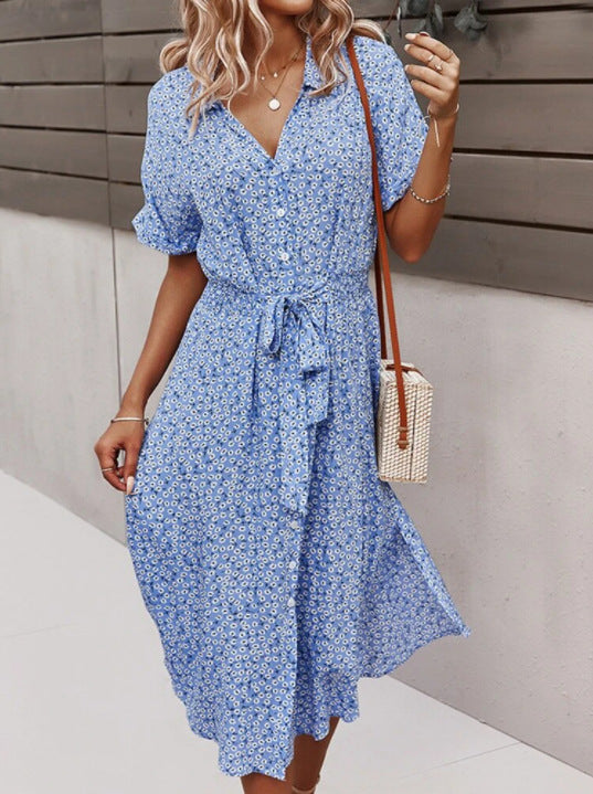 2022 Amazon Independent Station AliExpress Wish Casual Vacation Style Spring and Summer Swing Print Ribbon Dress