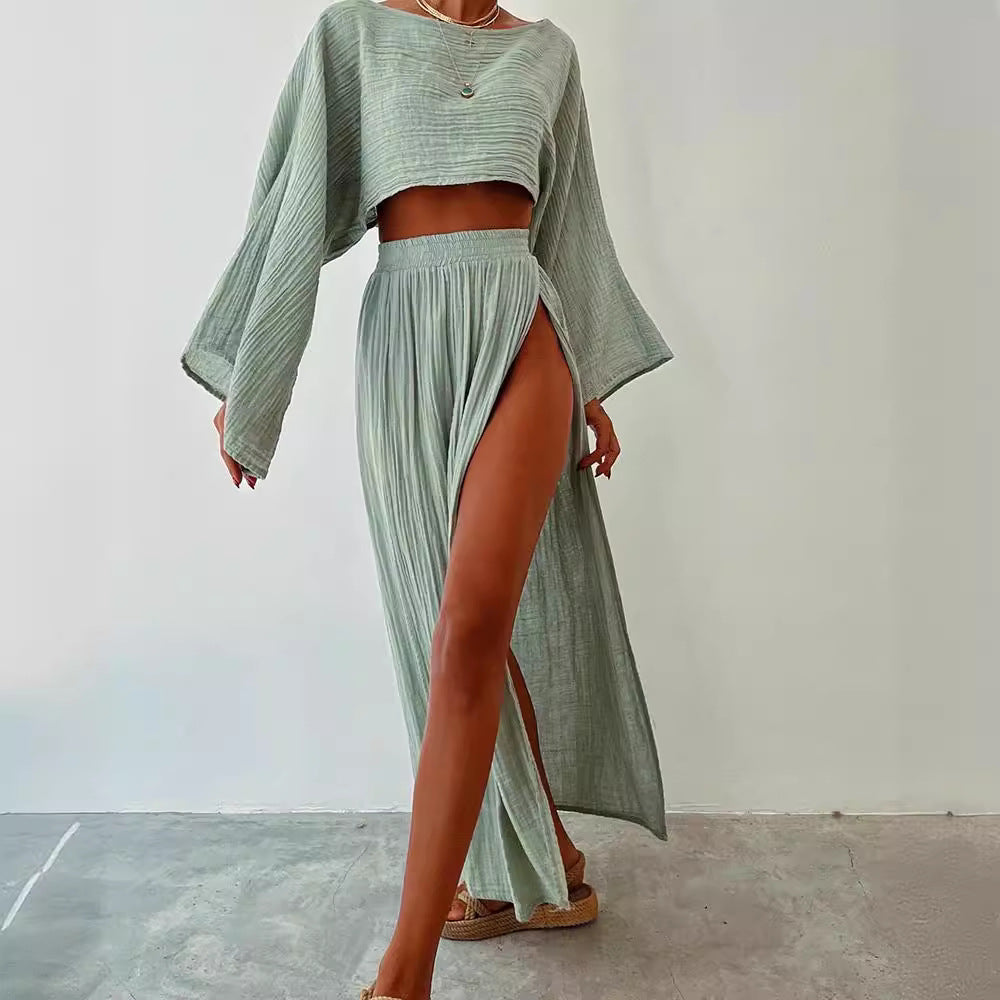 2024 casual holiday linen blended cropped top high waist chic slit cotton and linen casual two-piece suit