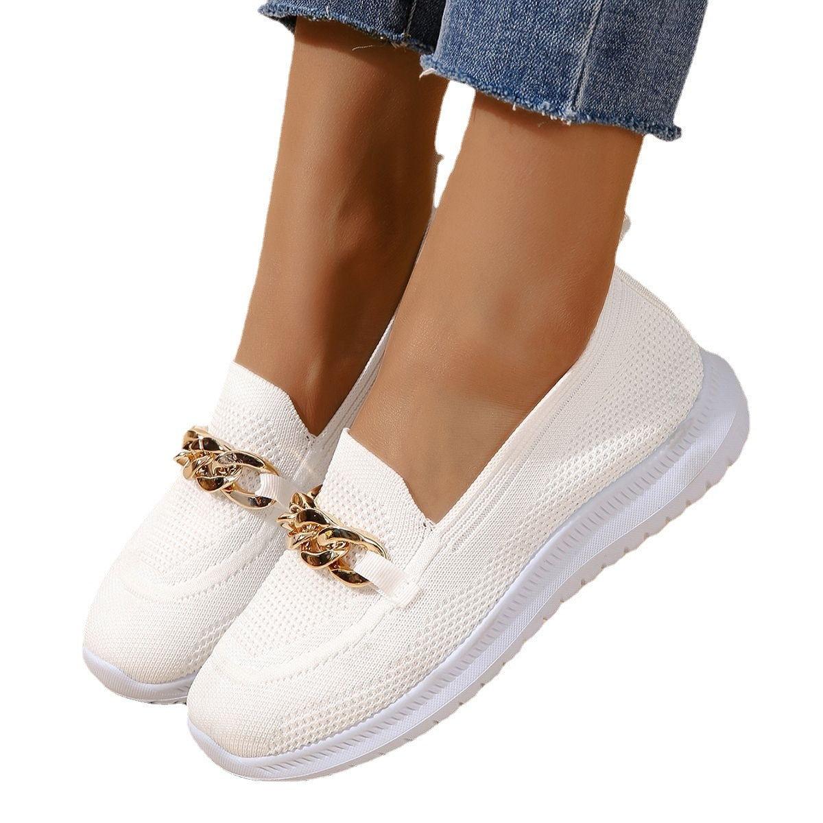 2023 summer new large size foreign trade women's shoes casual metal chain hollow breathable fly weaving lightweight sports shoes women