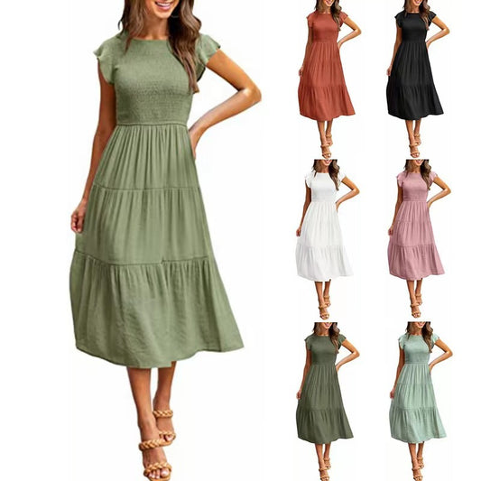 2022 European and American Foreign Trade Cross-Border Women's Clothing Amazon Popular Pinfei Flounced Sleeve Pleating Layered Short Sleeve Large Swing Dress