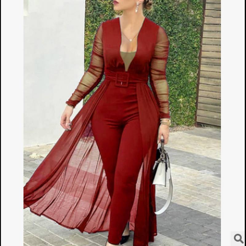 2023 new European and American women's culottes solid color deep V fashion lace stitching long-sleeved slim jumpsuit women's suit