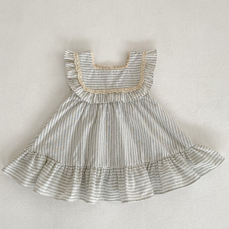 2023 new sister dress Korean version summer striped ruffles girls fashion princess dress baby crawling clothes