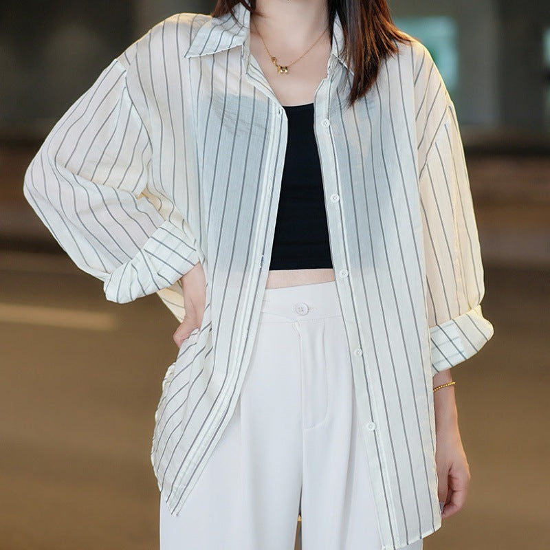 2023 Korean version of the design sense striped hollow shirt style suit drape fashion temperament light luxury sun protection clothing women's outerwear