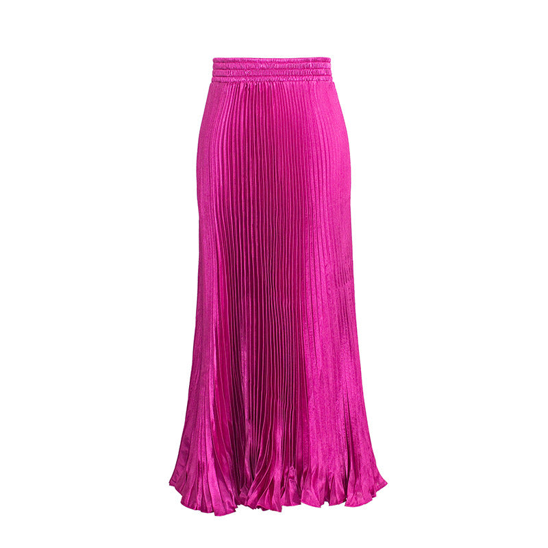 2021 New European and American foreign trade women's satin metallic luster pleated skirt long accordion skirt long skirt skirt