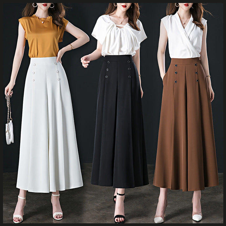 Wide-leg pants for women, summer thin, loose white culottes, high-waist slim women's nine-point pants, drapey casual mom pants