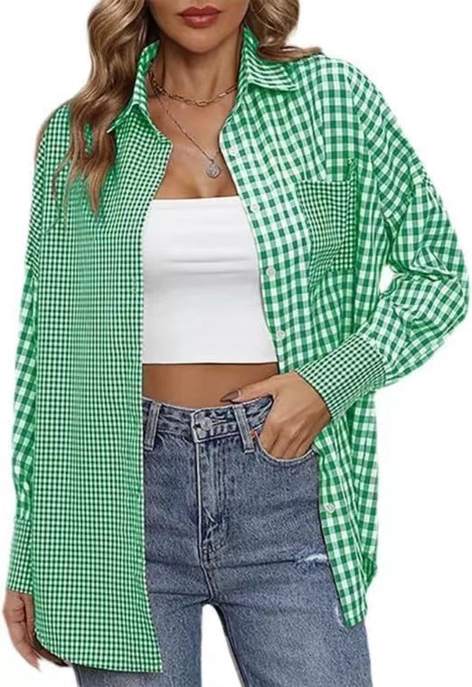 2023 Amazon women's spring and summer new cross-border European and American foreign trade ladies' fashion loose casual plaid shirt