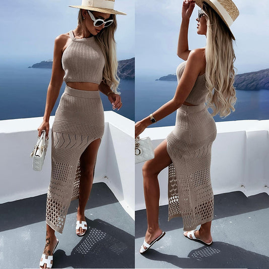 2023 European and American cross-border new women's summer short tops slit hip skirt two-piece dress