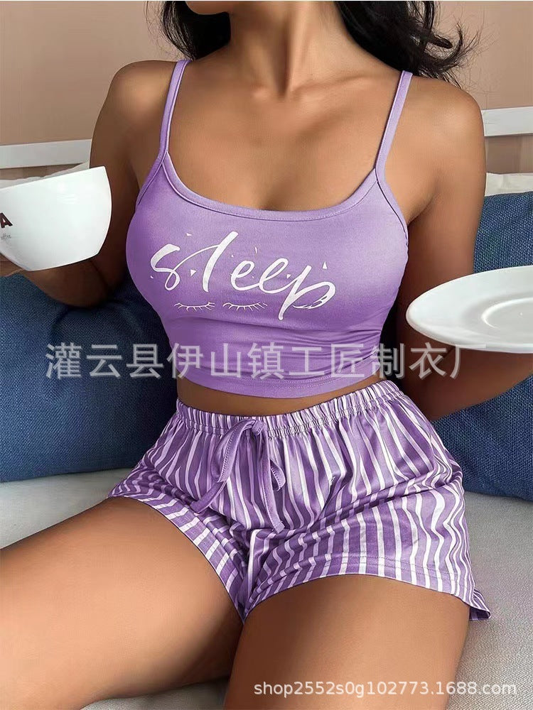 2023 New Arrival Suspender Pajamas Women Drawstring Shorts Set Letter Stripe Printing Ladies Home Clothes Can Be Worn Outside