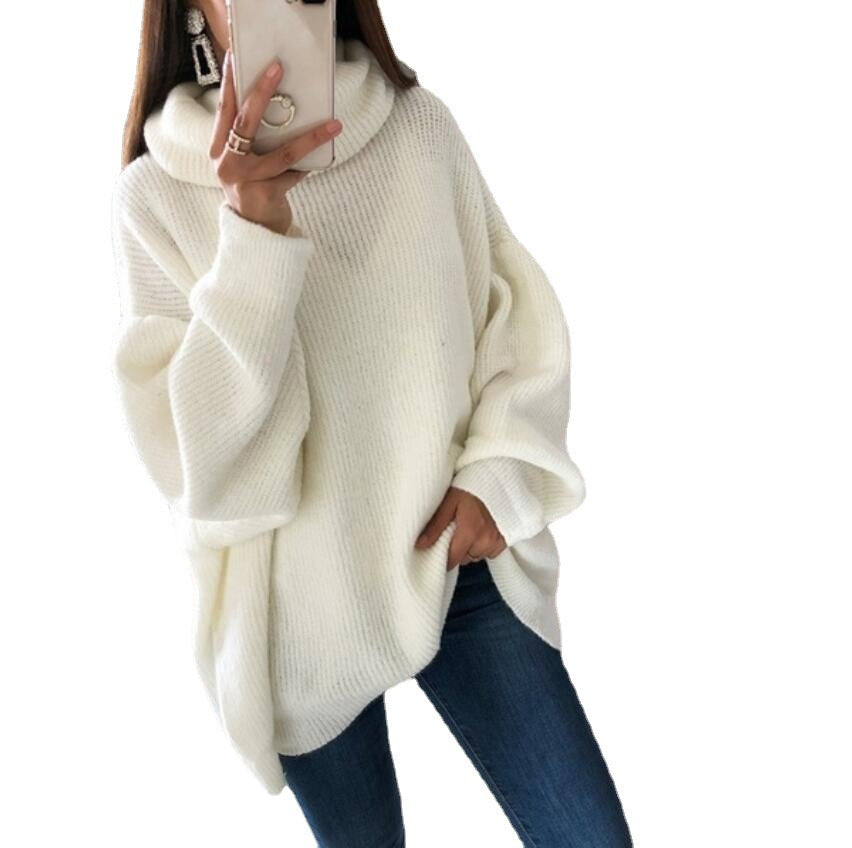 2023 European and American women's sweater Amazon solid color turtleneck sweater pile collar large size loose cross-border sweater women