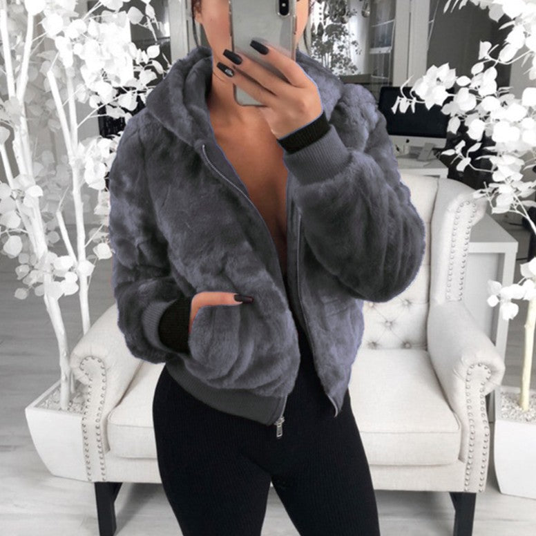 2023 foreign trade Amazon wish European and American autumn and winter hot-selling women's clothing hooded rabbit fur imitation fur plush coat for women