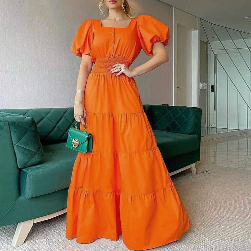 2022 Summer Ladies Dress Amazon Sundress Square Neck Puff Sleeve Maxi Dress Casual Beach Dress