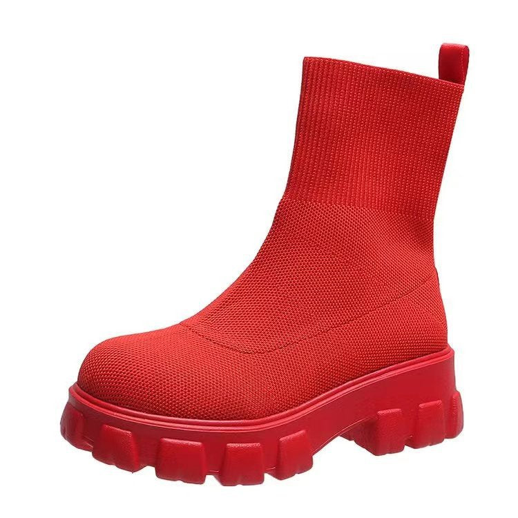 2022 New Round Toe Martin Boots Knitted Short Boots European and American Autumn and Winter Thick Sole Medium Heel Low Cut Fly Knitted Large Size Foreign Trade