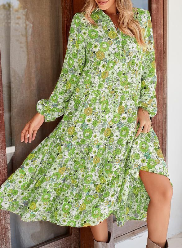 2024 Amazon New Casual Loose Bohemian Floral Dress Long Sleeve Puff Sleeve V Neck Ruffle