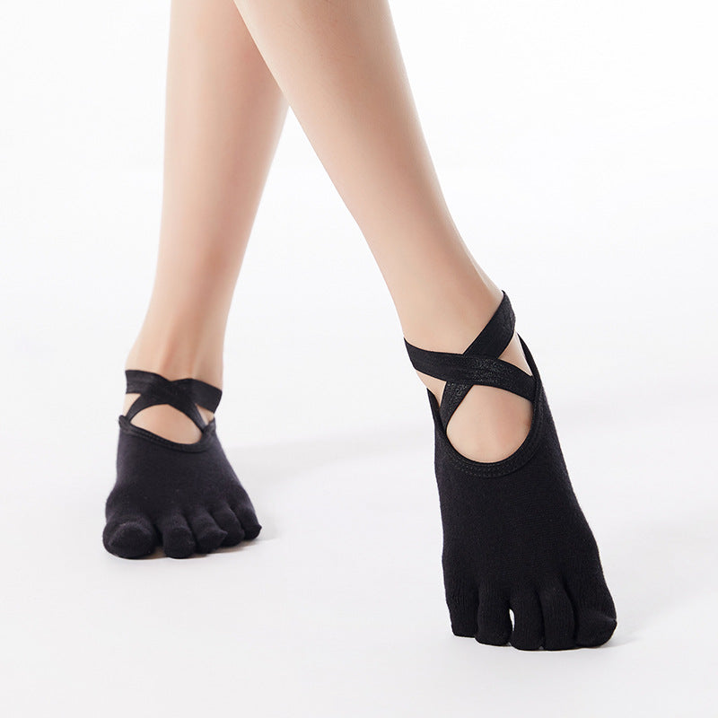 [Ready-to-ship direct] Korean hot-selling cross-tied yoga socks non-slip glue-dot five-finger indoor floor bodhi pull socks