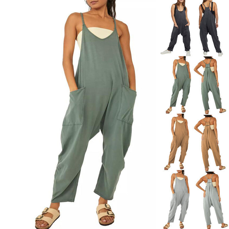 2024 European and American women's clothing Amazon size independent station hot-selling solid color zipper patch pocket suspender jumpsuit fat hip pants