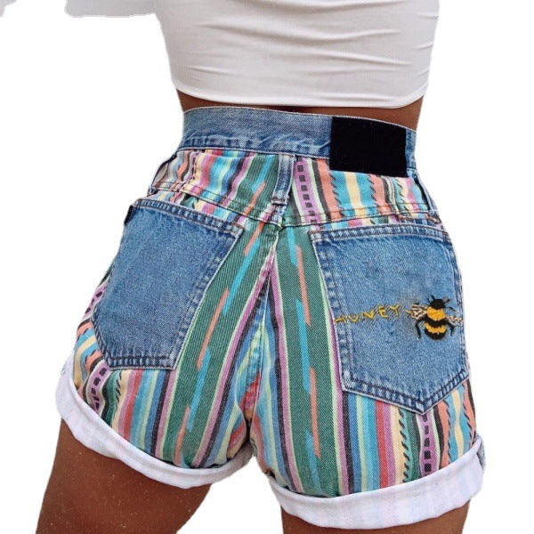 2022 new summer Korean style fashion simple casual student straight curled rainbow striped high waist denim shorts for women