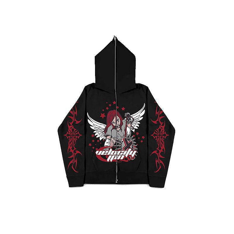 2024 New European and American Dark Sweatshirts Men's and Women's Hoodies Gothic Couple Harajuku Gun Girl Printed Zipper