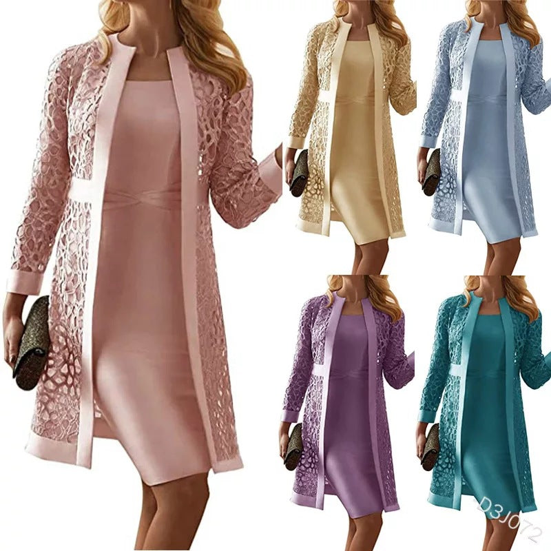 2021 spring and autumn new women's clothing solid color lace cardigan round neck dress two-piece set Amazon wish