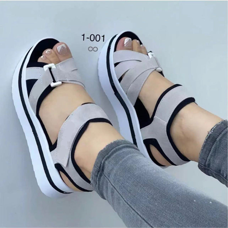 2023 new foreign trade Rome large size thick-soled sandals women's cross-border supply flat Velcro women's beach sandals