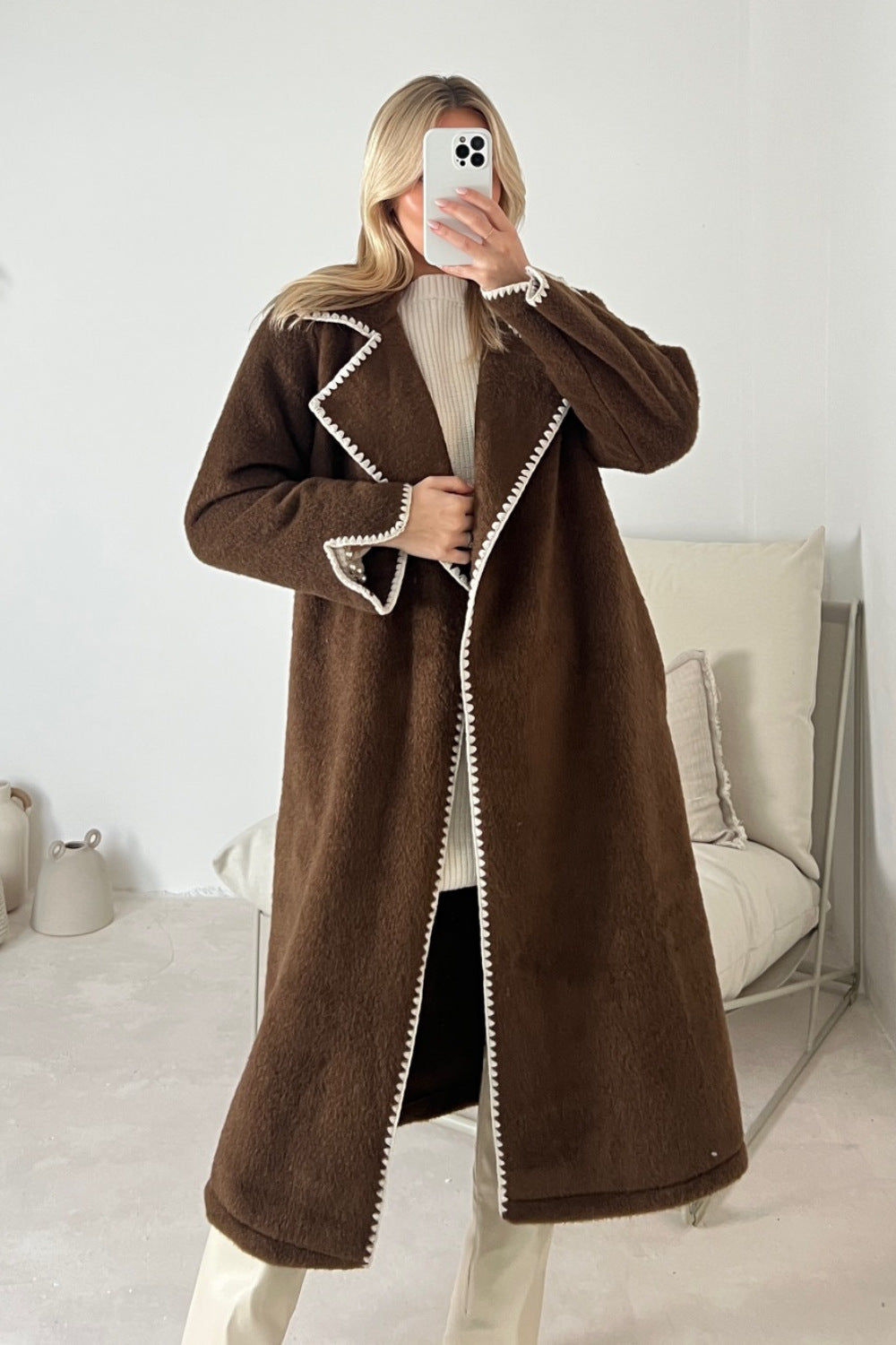 2023 European and American winter new style double-sided simple thickened and lengthened hand-crocheted double-sided woolen coat for women