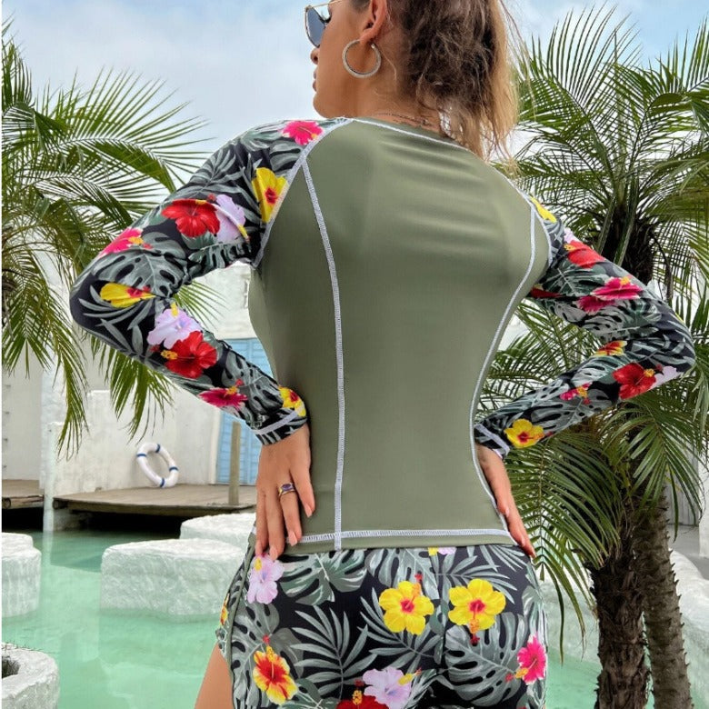 Add color 2024 new cross-border conservative sun protection wetsuit European and American foreign trade printed boxer briefs long-sleeved swimsuit for women