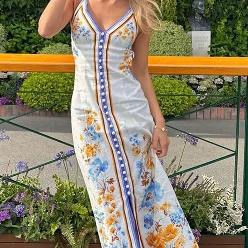 2024 Summer Amazon Fashion Temperament Sleeveless Women Holiday Sea Chic Printed Hanging Neck Ladies Dress