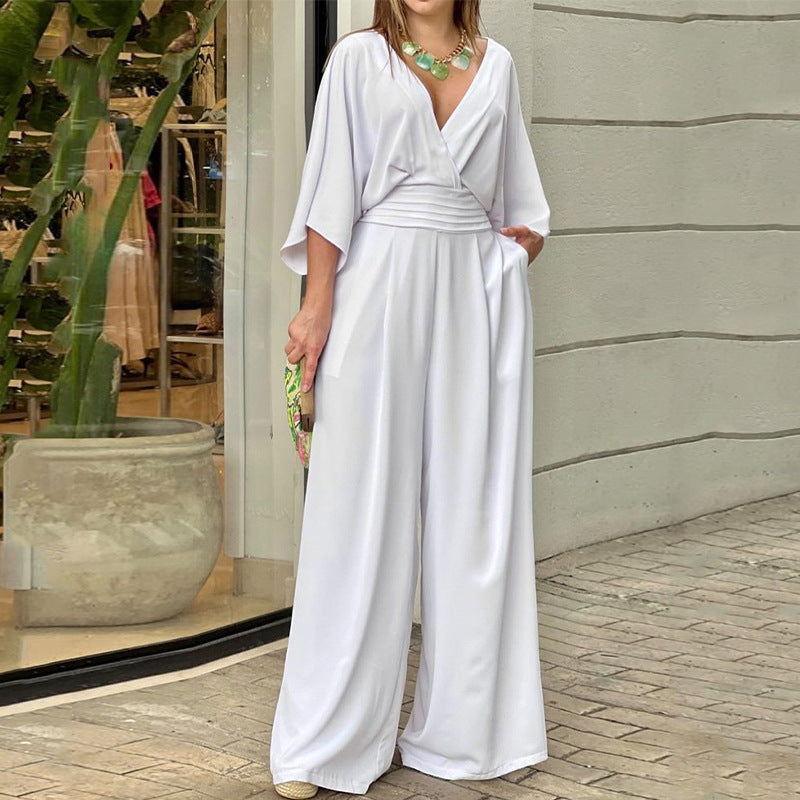 2023 Summer Cross-Border Independent Station Women's Jumpsuit Batwing Sleeve V-neck Backless Waist Trimming Loose Wide Leg Jumpsuit