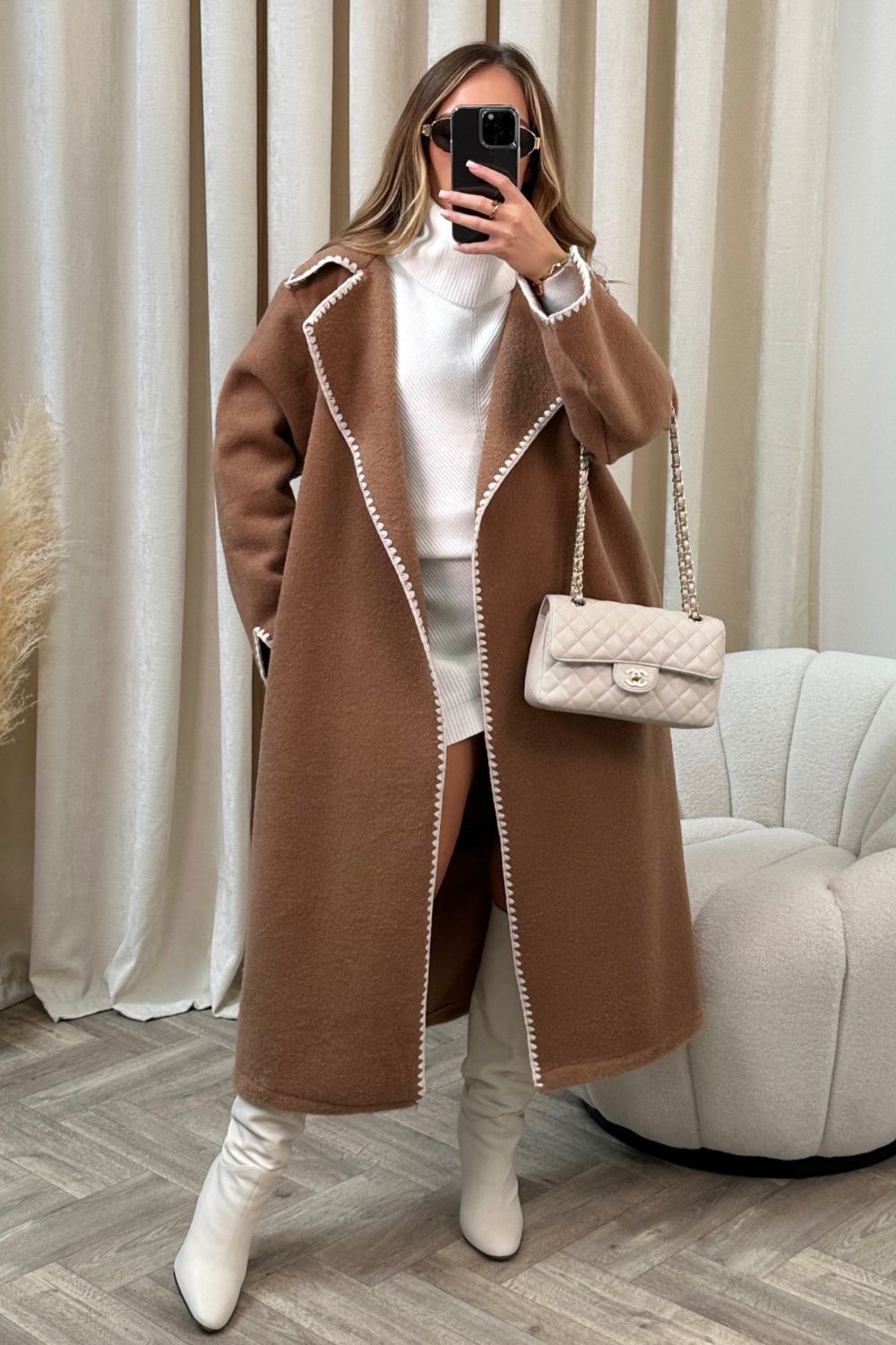 2023 European and American winter new style double-sided simple thickened and lengthened hand-crocheted double-sided woolen coat for women