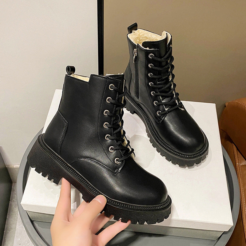 2023 Winter New Martin Boots Women's Round Toe Solid Color Fashionable British Style Retro Casual Thick Sole Plus Velvet Women's Boots