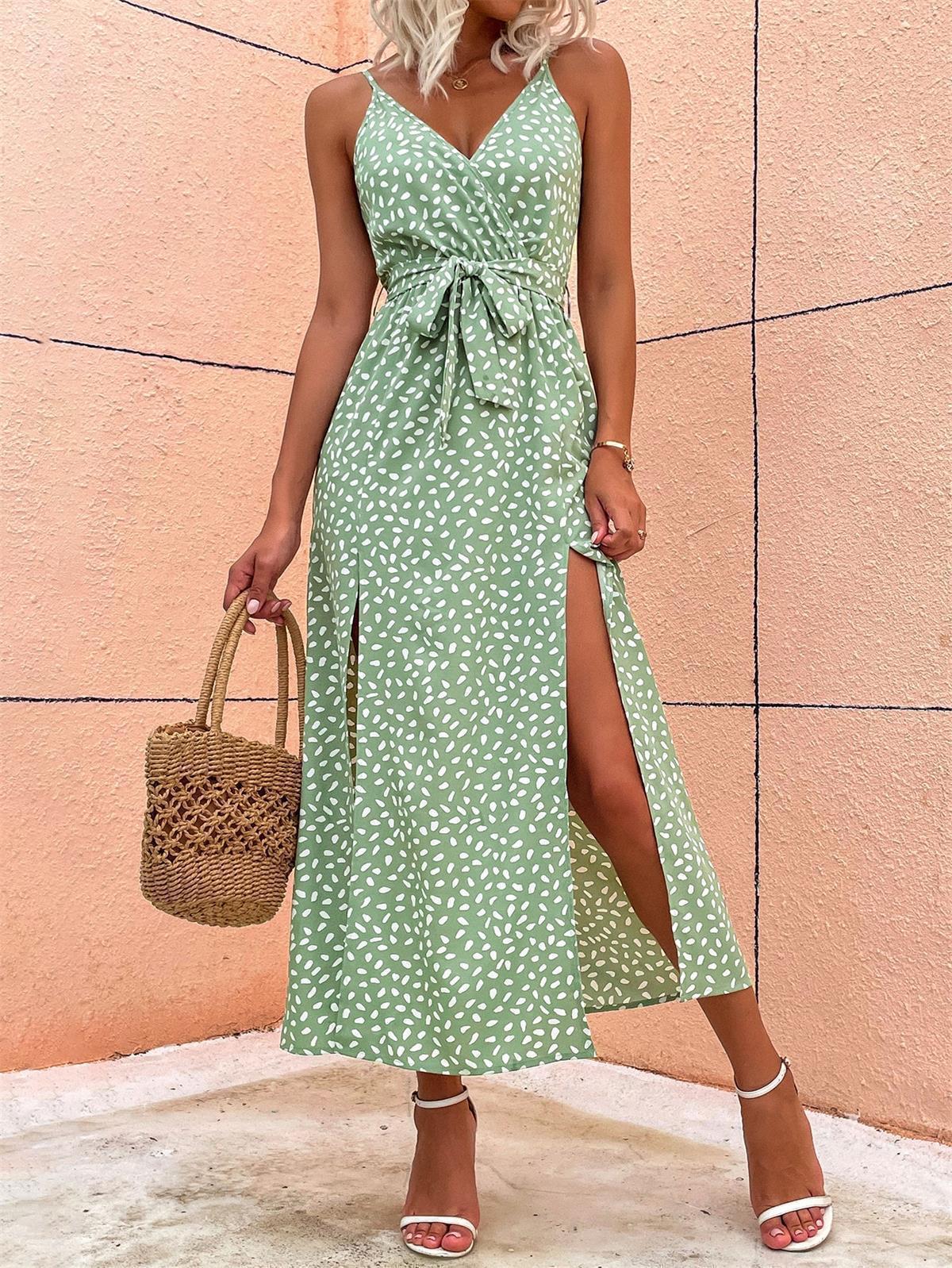 2023 European and American cross-border summer new women's clothing temperament suspender skirt ladies sexy deep V neck tie slit jumpsuit