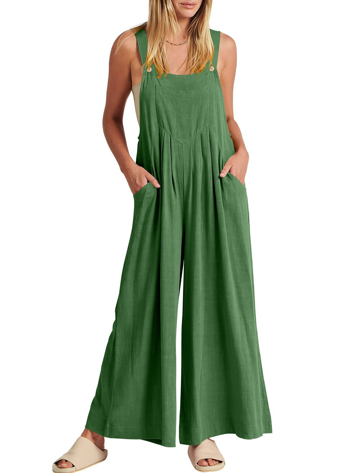 2023 Amazon hot style TEMU independent station European and American women's clothing solid color loose casual cotton and linen suspenders jumpsuit