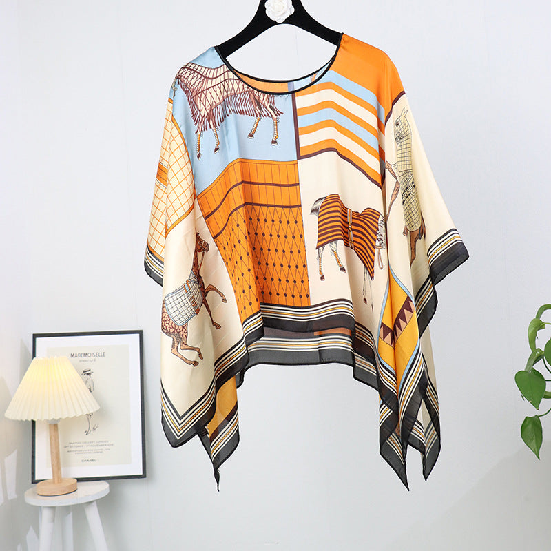 2023 new imitation silk pullover sunscreen silk scarf shawl women's sunscreen clothing in summer with large size loose changeable