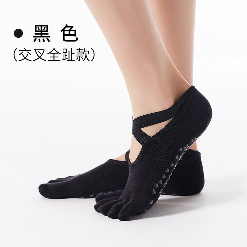 [Ready-to-ship direct] Korean hot-selling cross-tied yoga socks non-slip glue-dot five-finger indoor floor bodhi pull socks