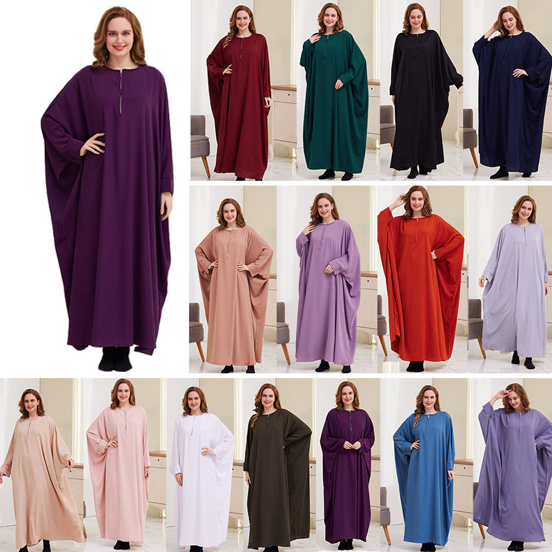 XG2056 AliExpress Big Swing Solid Color Bat Sleeve Robe Muslim Dress