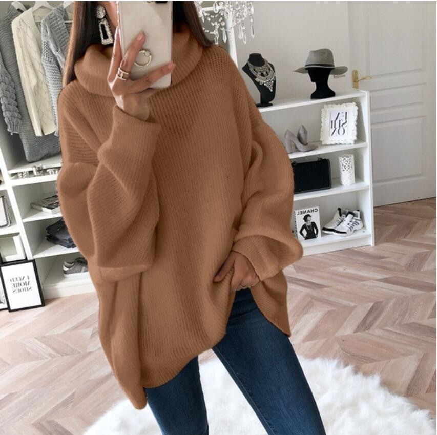 2023 European and American women's sweater Amazon solid color turtleneck sweater pile collar large size loose cross-border sweater women