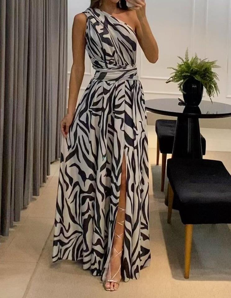 2023 summer new cross-border independent station women's sexy open back one shoulder sleeveless printed long dress 8087