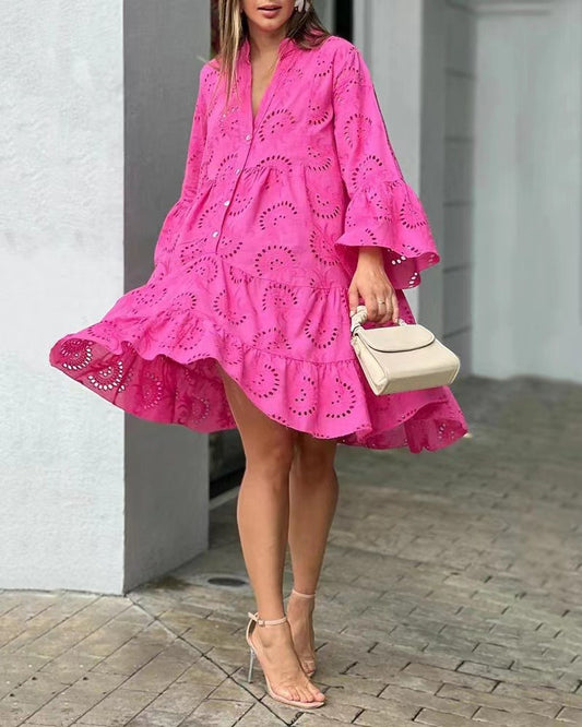 2023 European and American cross-border spring and summer Amazon solid color V-neck loose embroidery hollow lace flower sexy dress