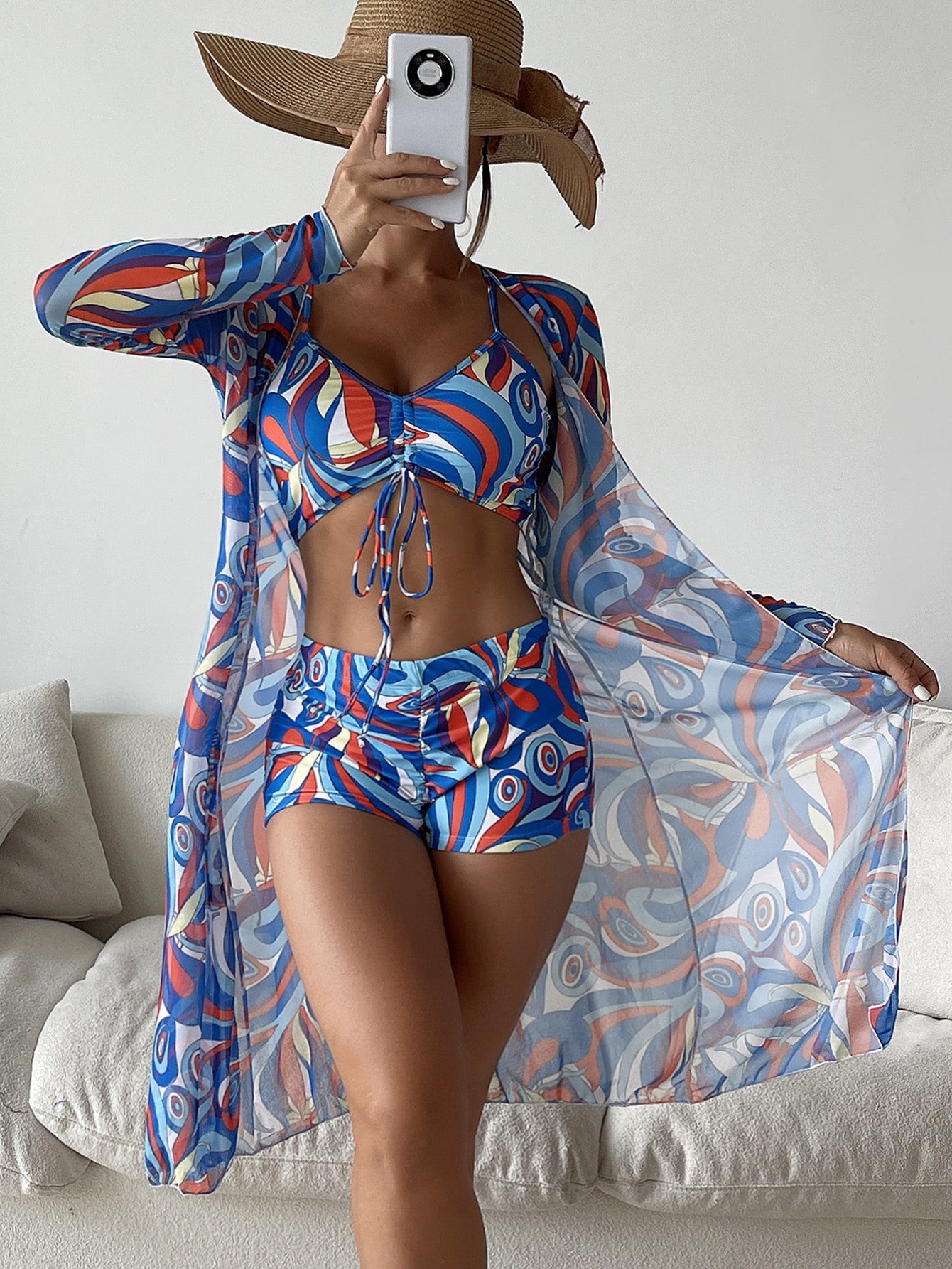 2023 New Foreign Trade Bikini Three-Piece Digital Printing Shawl Boxer Underwear Amazon Aliexpress Swimsuit for Women