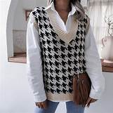 2022 autumn and winter European and American V-neck houndstooth casual loose knitted vest sweater vest Amazon cross-border women's clothing