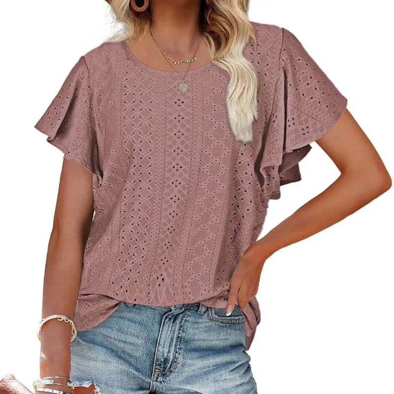 2023 European and American Amazon summer new women's tops hollowed out waist round neck lotus leaf sleeves casual T-shirt women