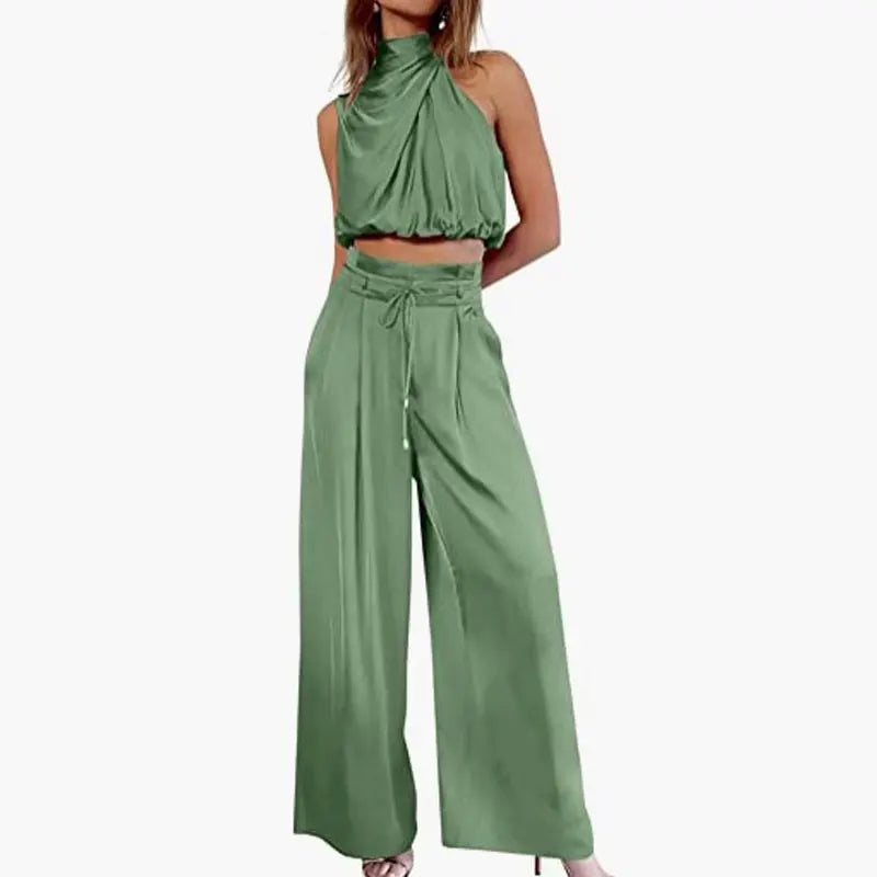 Women's 2-Piece Suit 2023 Summer Casual Sleeveless Collar Midriff-Baring Top Wide Leg Pants Suit