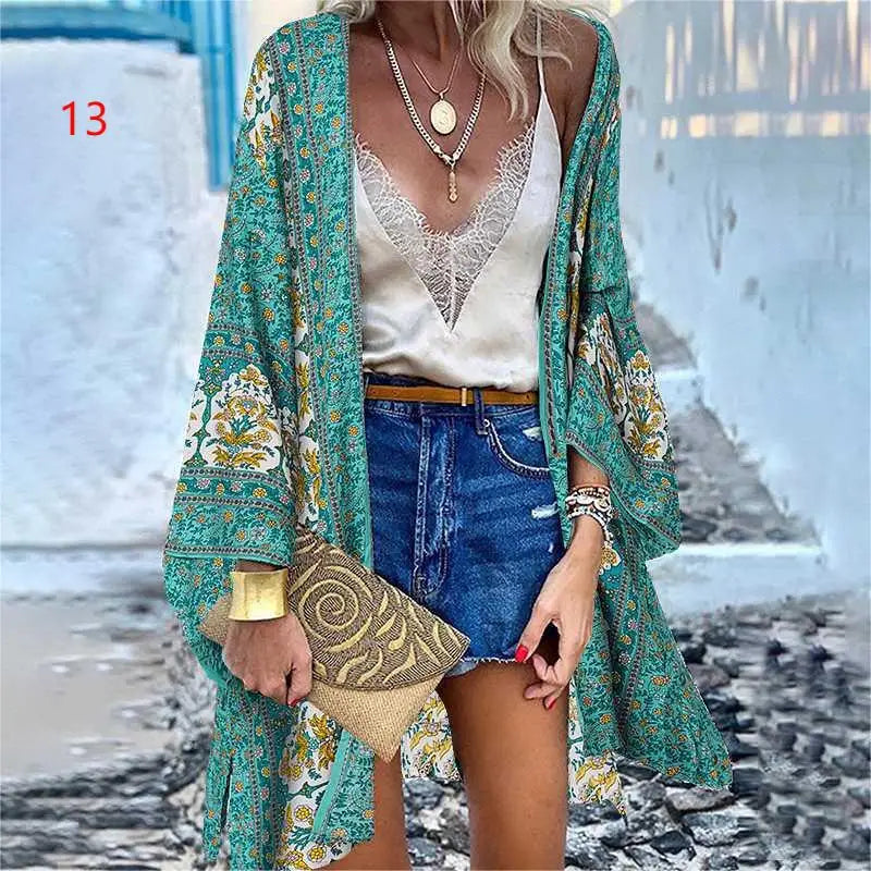 Women's 2022 Europe and America Cross Border Trendy New Casual Fashion Vacation Batwing Long Sleeve Cardigan Printed Top