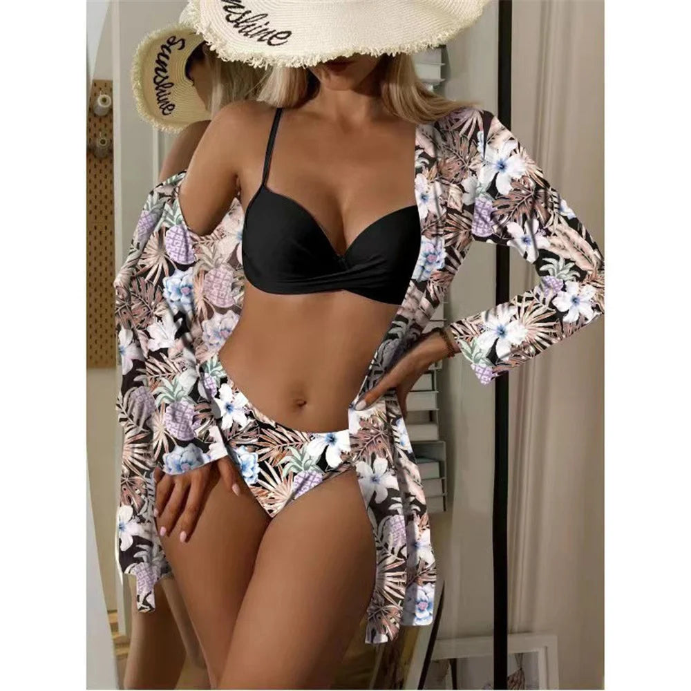 [European and American three-piece bikini] printed long blouse split triangle bikini multicolor Amazon swimsuit