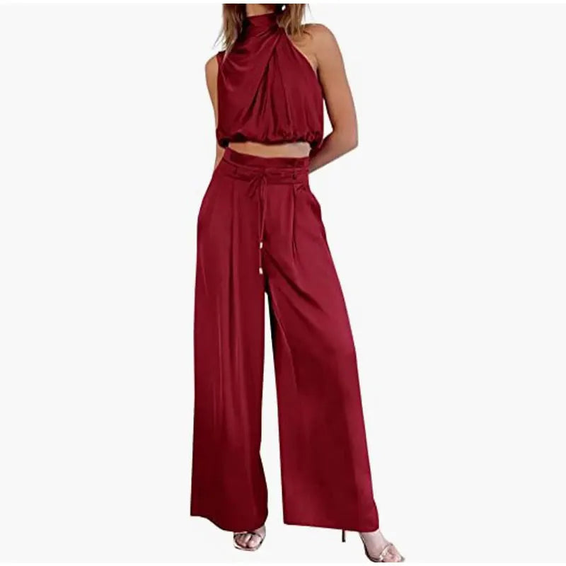 Women's 2-Piece Suit 2023 Summer Casual Sleeveless Collar Midriff-Baring Top Wide Leg Pants Suit