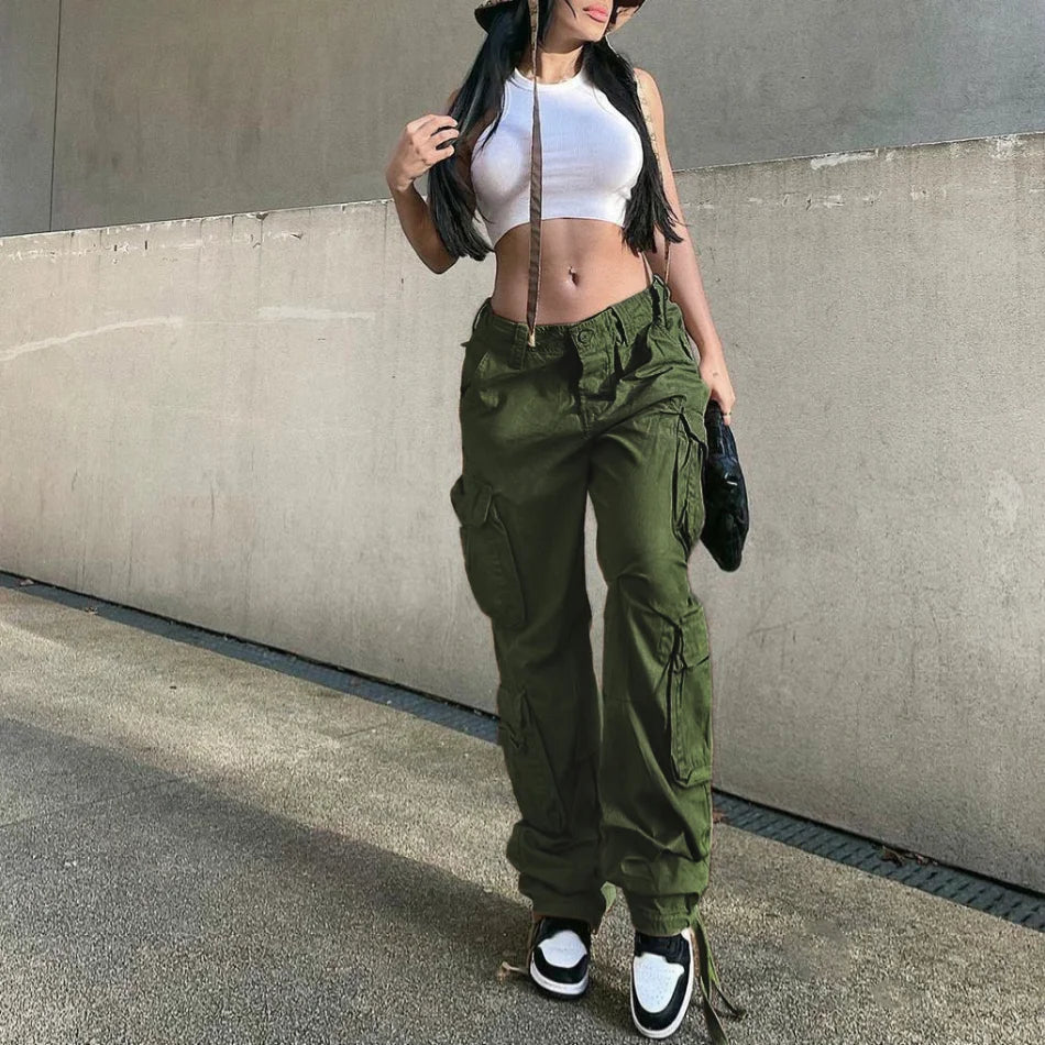 4 European and American new foreign trade cross-border women's street hip-hop style low-waist multi-pocket multi-pocket overalls casual pants trousers